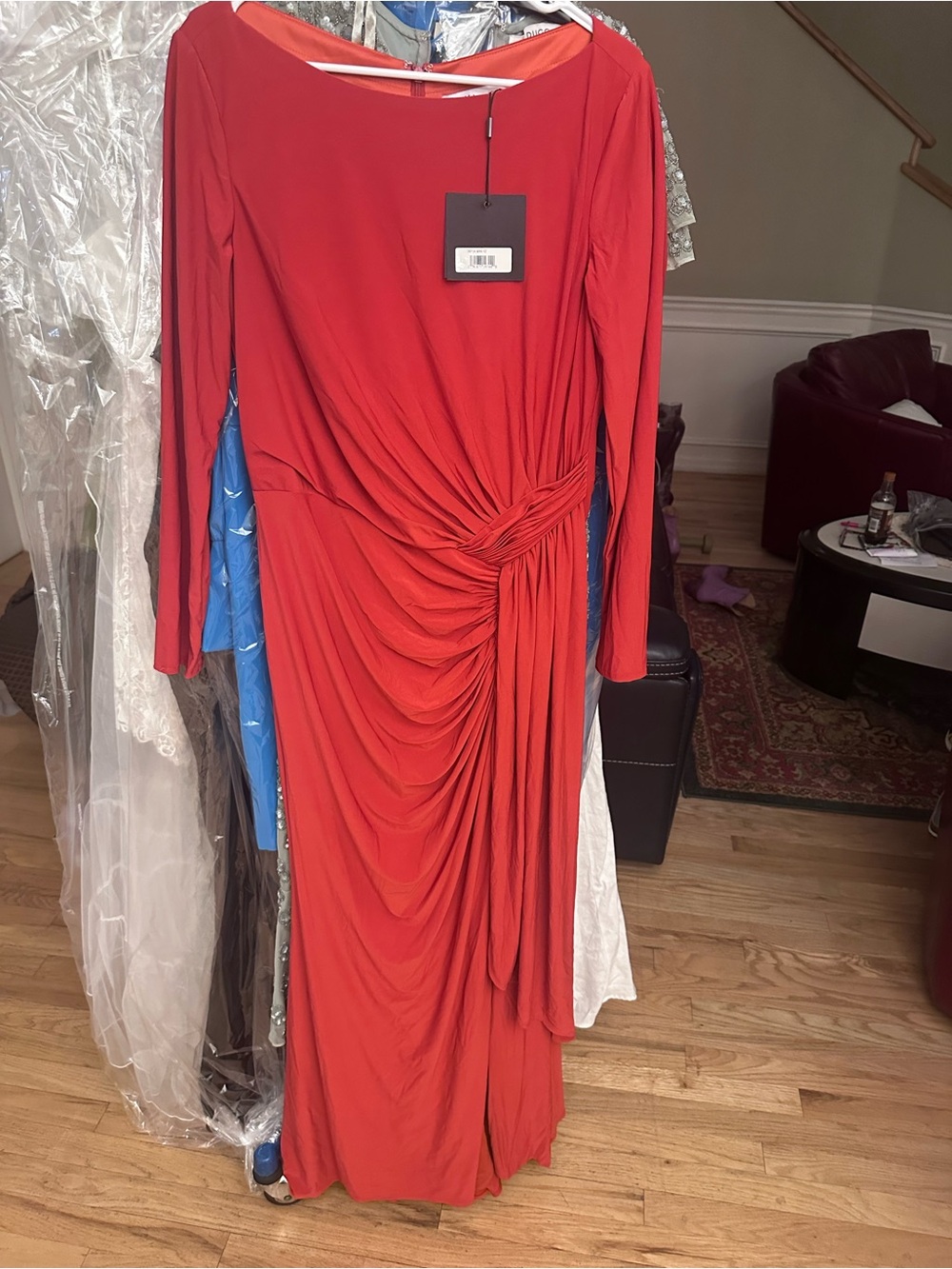Mac Duggal Red Long-Sleeve Ruched Gown